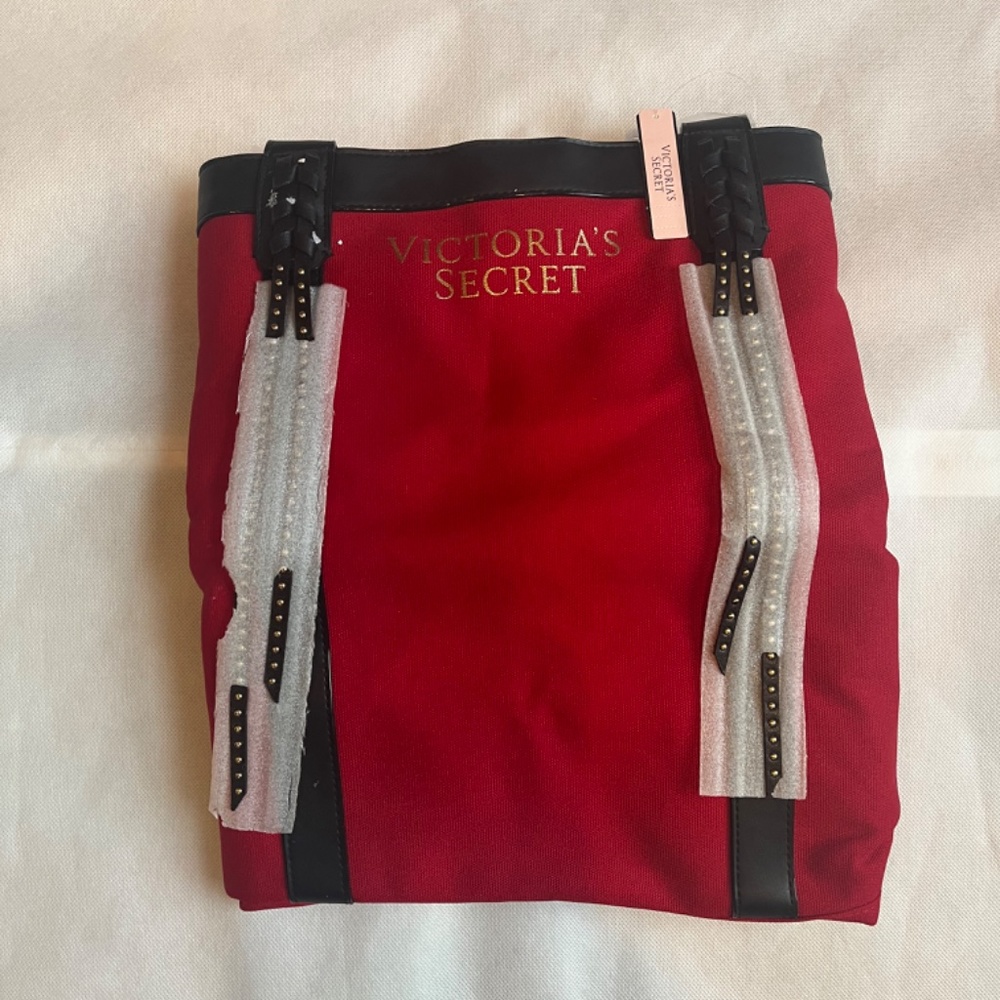 Victoria's Secret Logo Large Red Canvas Studded Tassels Weeken Shoulder Bag Tote - Picture 3 of 5
